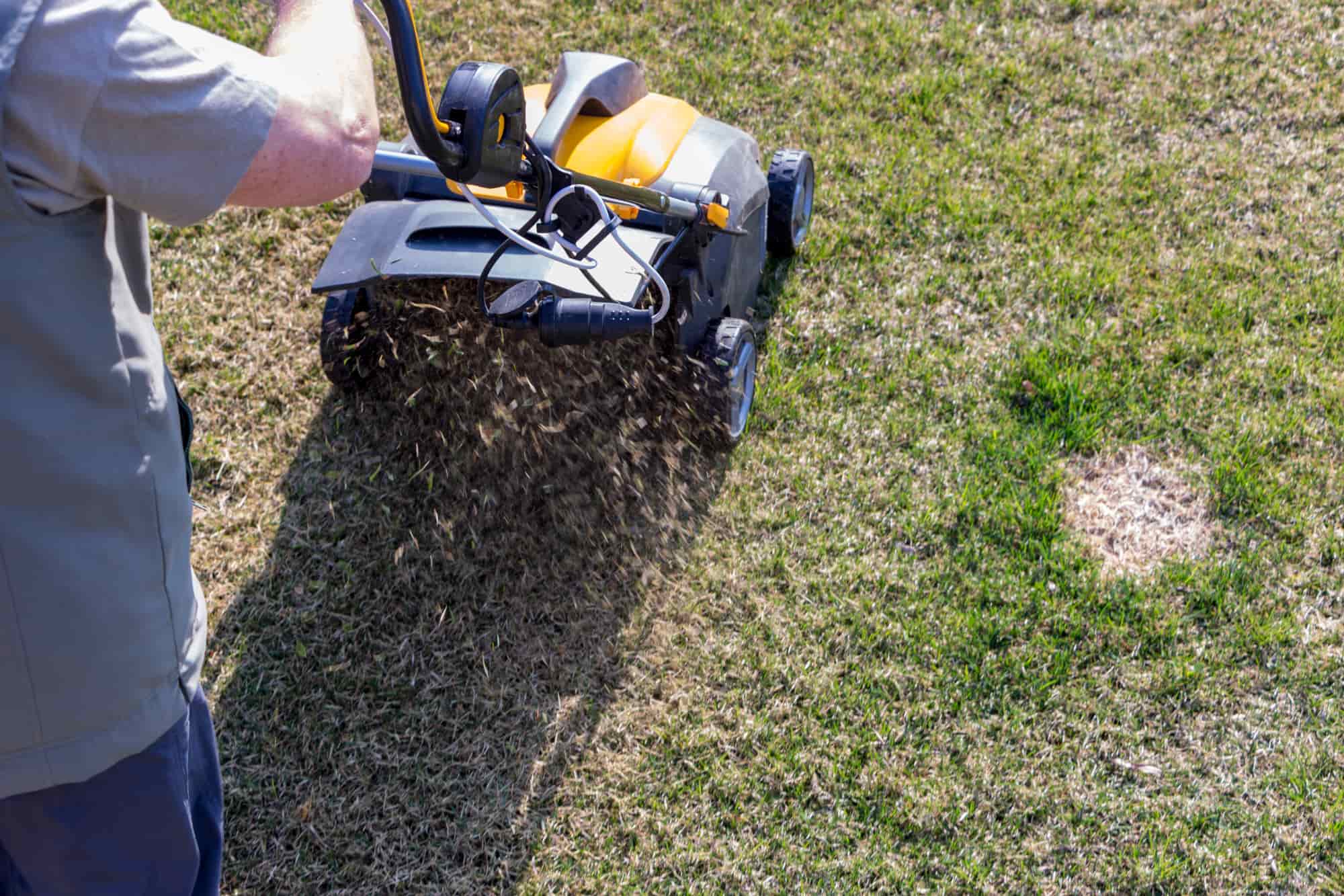 lawn pro operating aeration machine on lawn